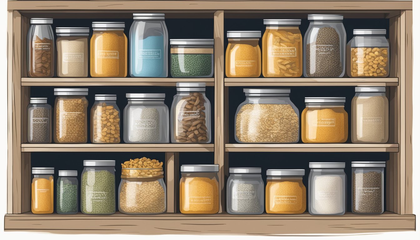 A pantry shelf with a sealed container of fish fry mix, alongside other dry goods