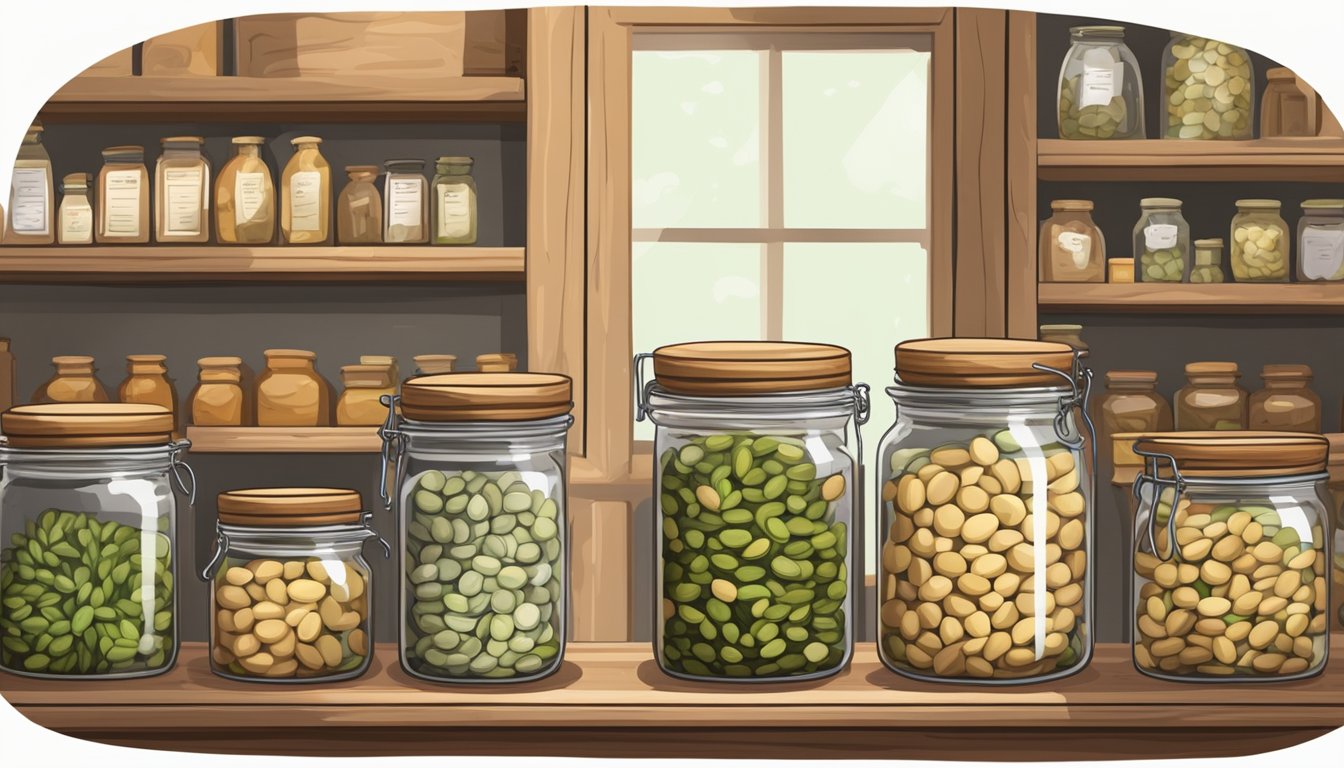 A glass jar filled with dried fava beans sits on a wooden shelf, surrounded by other jars of preserved goods. A calendar hangs on the wall, marking the passage of time