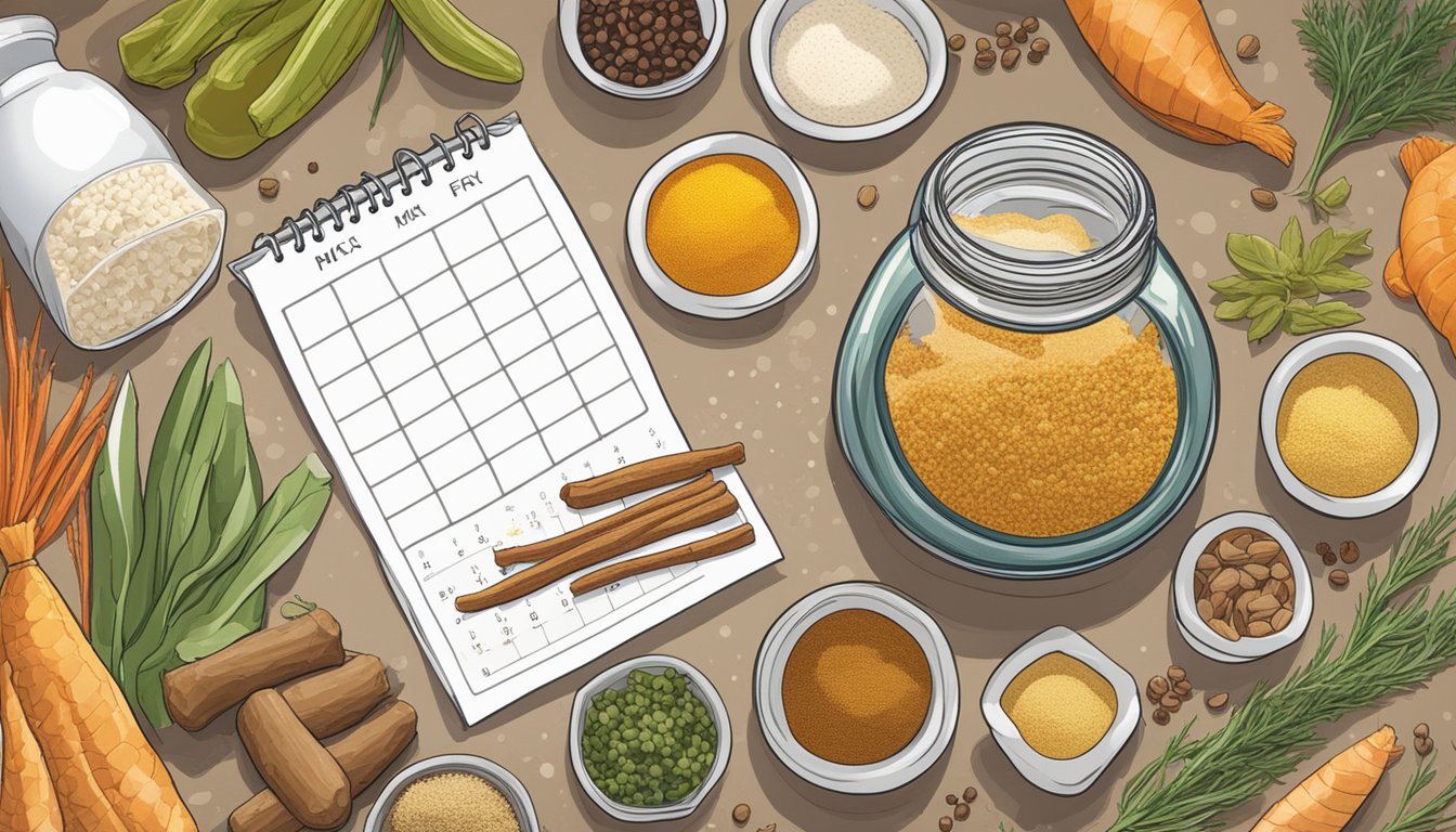 A jar of fish fry mix sits on a kitchen counter next to a calendar. The mix is surrounded by various spices and ingredients, indicating the process of determining its freshness