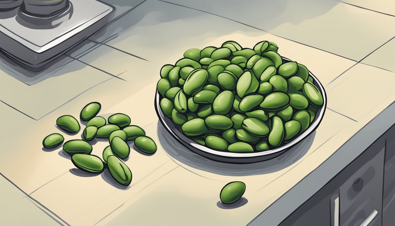 A pile of fava beans sits on a countertop, some beginning to darken and shrivel while others remain fresh and vibrant