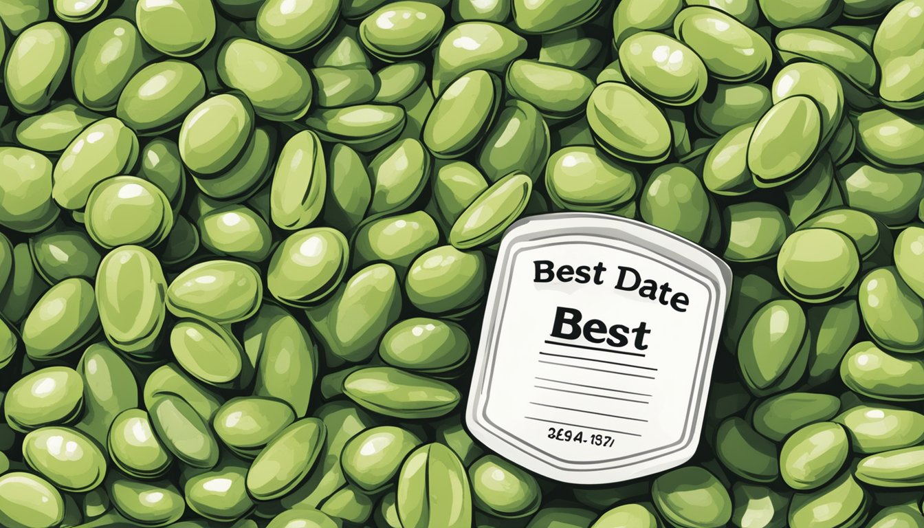 A pile of fava beans in a sealed container with a "best by" date label