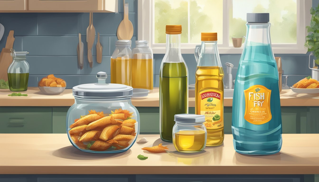 A clear glass jar filled with fish fry mix sits on a kitchen counter, next to a bowl of fresh fish and a bottle of cooking oil