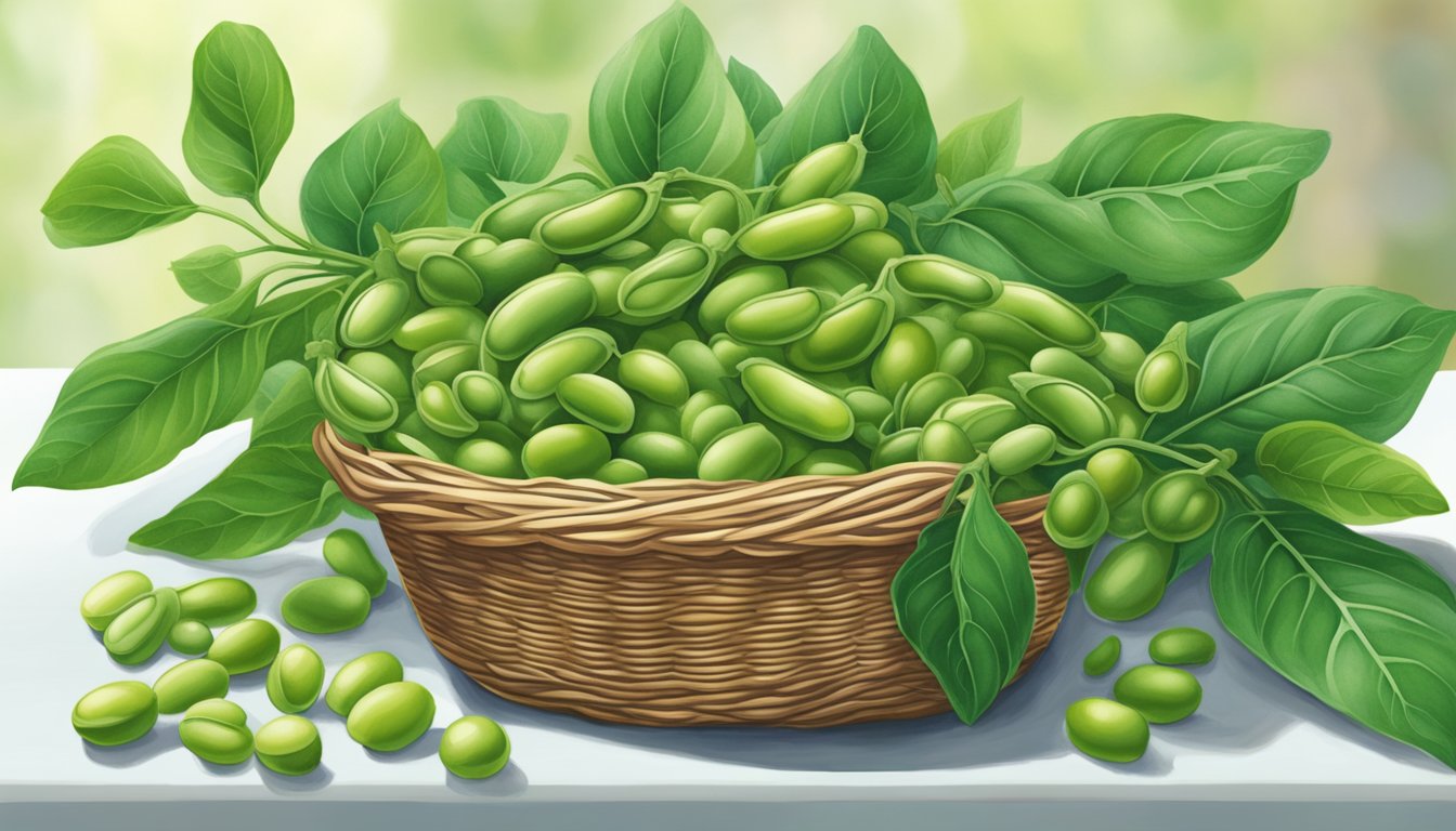 A basket of fava beans sits on a kitchen counter, surrounded by vibrant green leaves and a few loose beans. The beans are plump and vibrant, exuding a sense of freshness and flavor