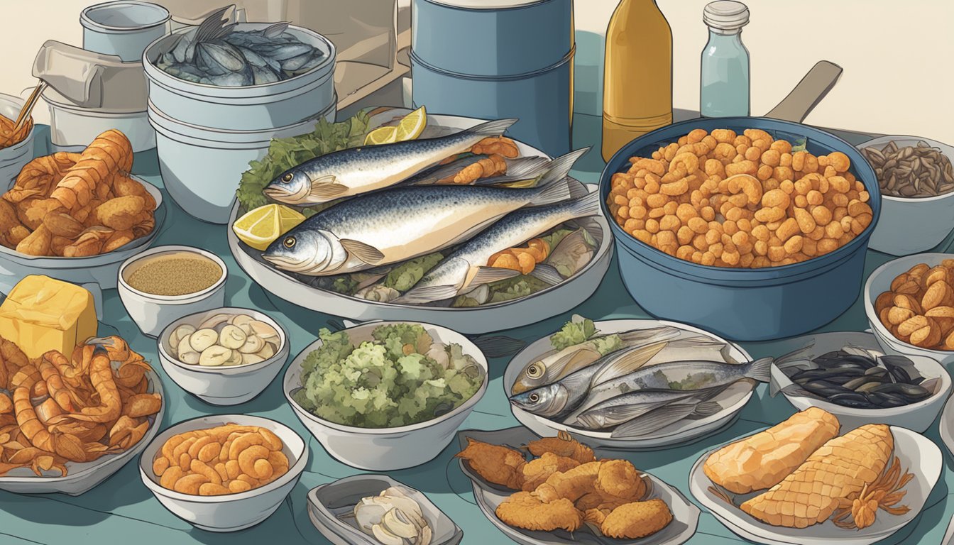 A variety of fish and seafood arranged on a kitchen counter, alongside a container of fish fry mix with a "best before" date