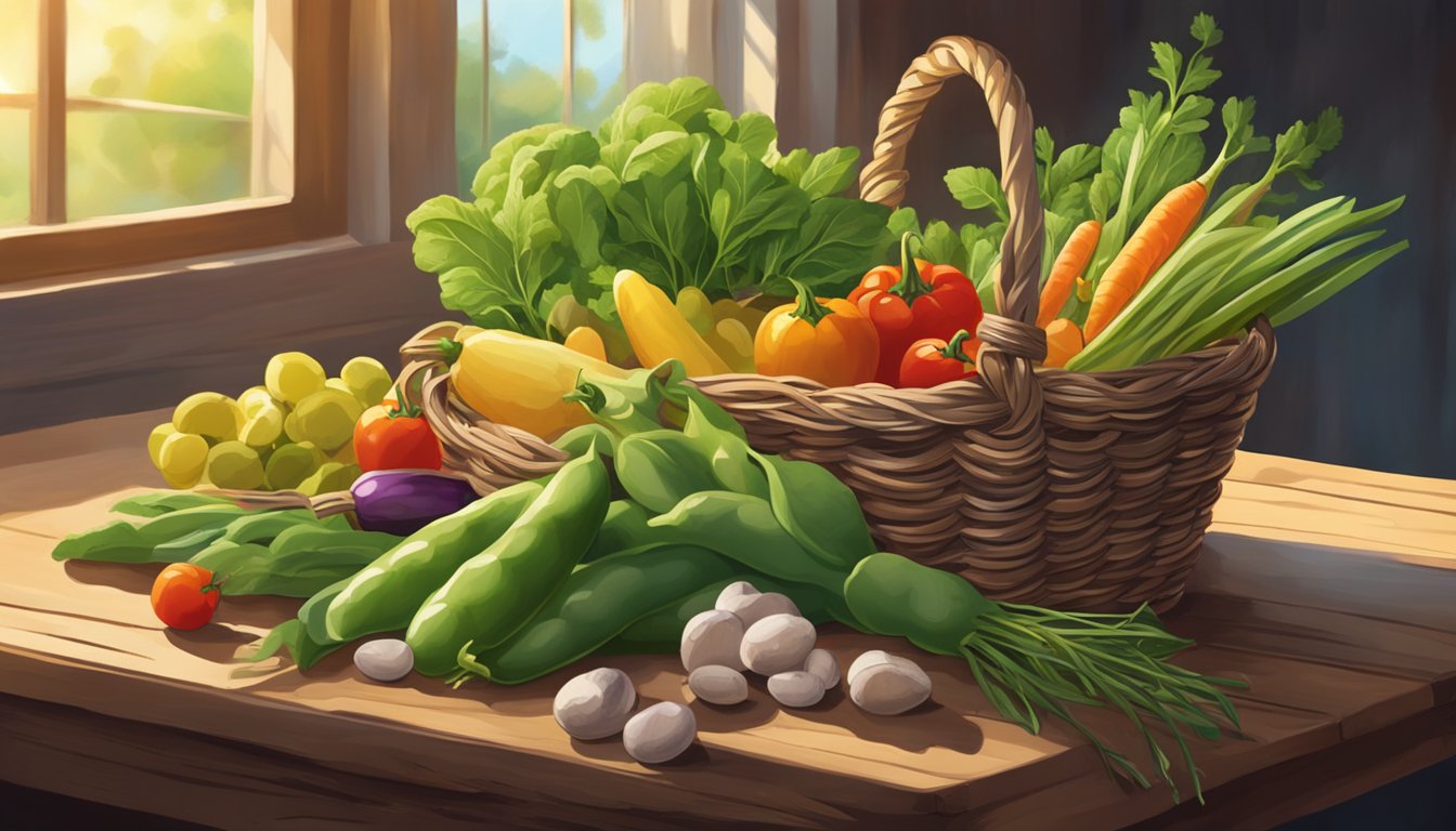 A basket of fava beans sits on a rustic wooden table, surrounded by colorful vegetables and herbs. Sunlight streams through a nearby window, casting a warm glow on the scene