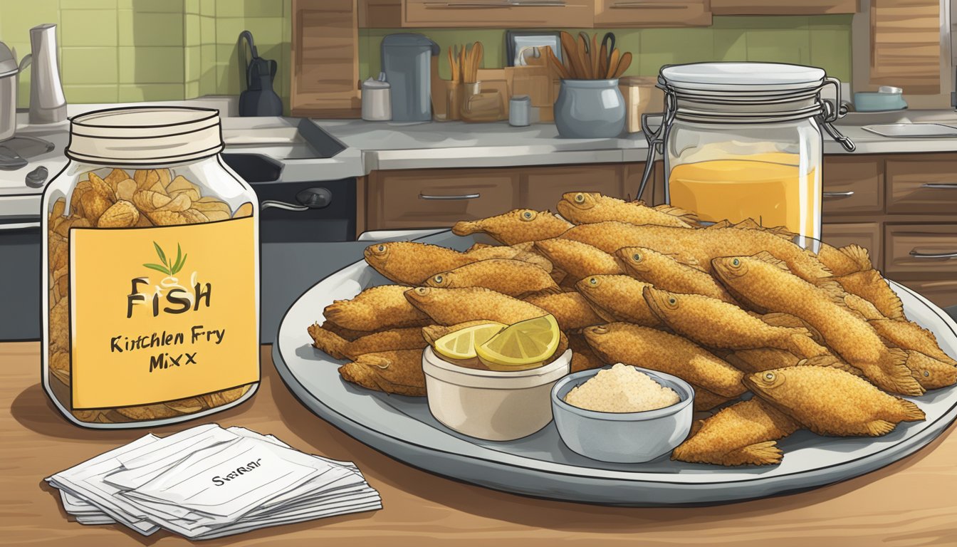 A jar of fish fry mix sits on a kitchen counter next to a plate of freshly fried fish. A serving suggestion card is placed nearby