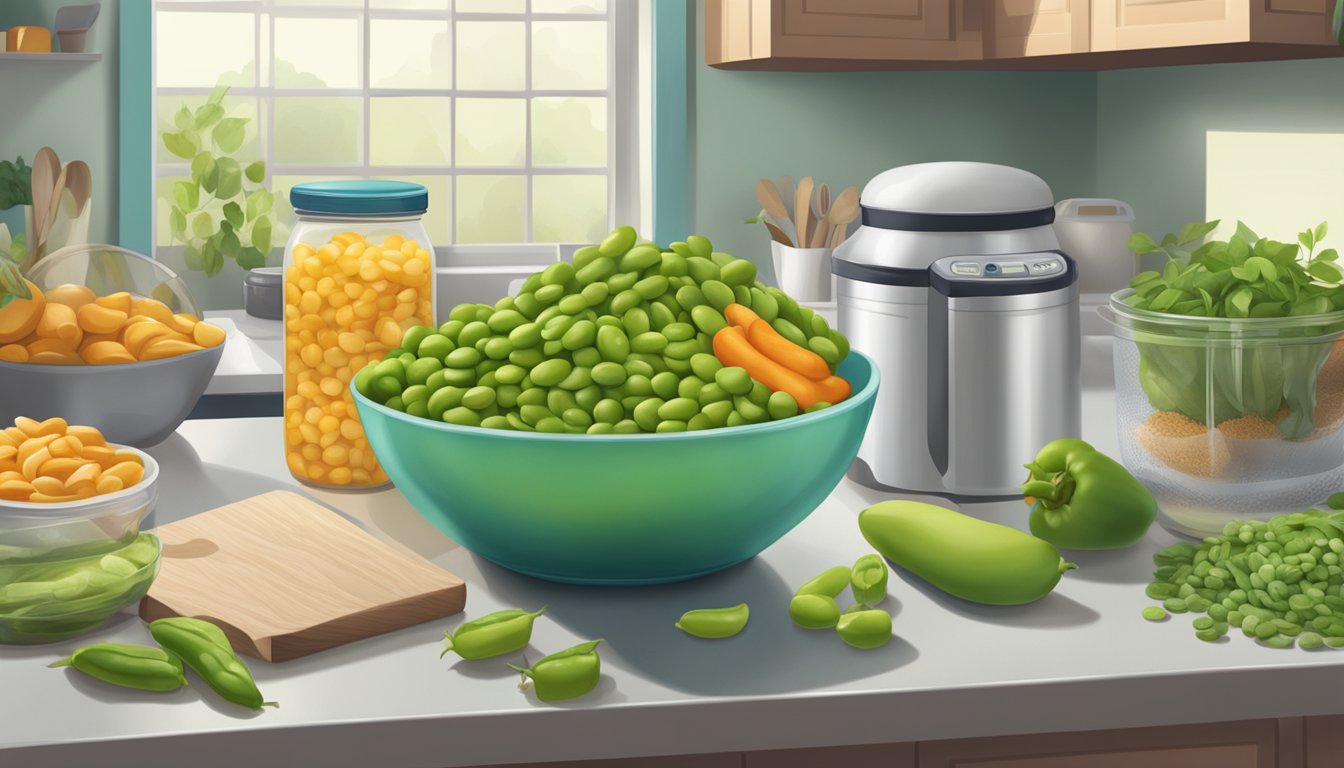 A bowl of fava beans sits on a kitchen counter, surrounded by various food containers and a refrigerator in the background