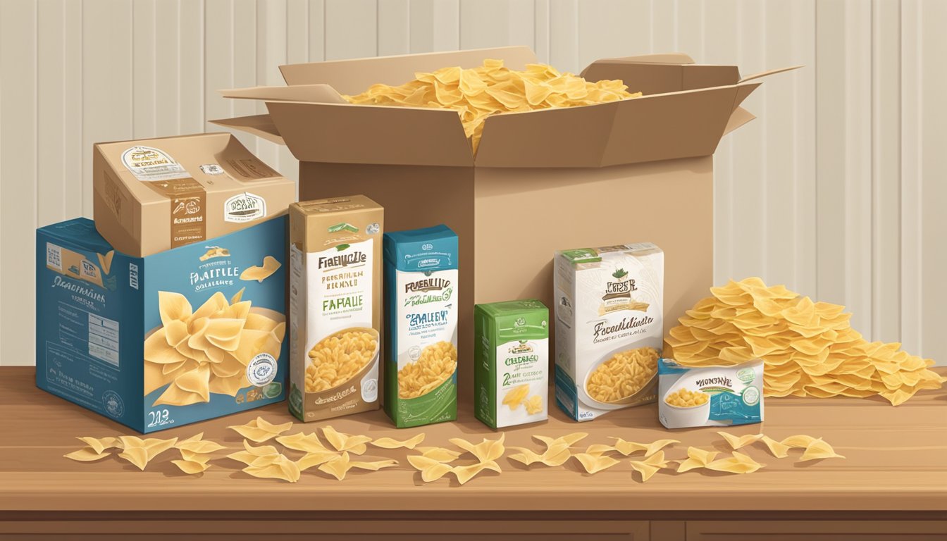 A box of farfalle pasta sits on a pantry shelf, surrounded by other dry goods. The expiration date is visible on the packaging