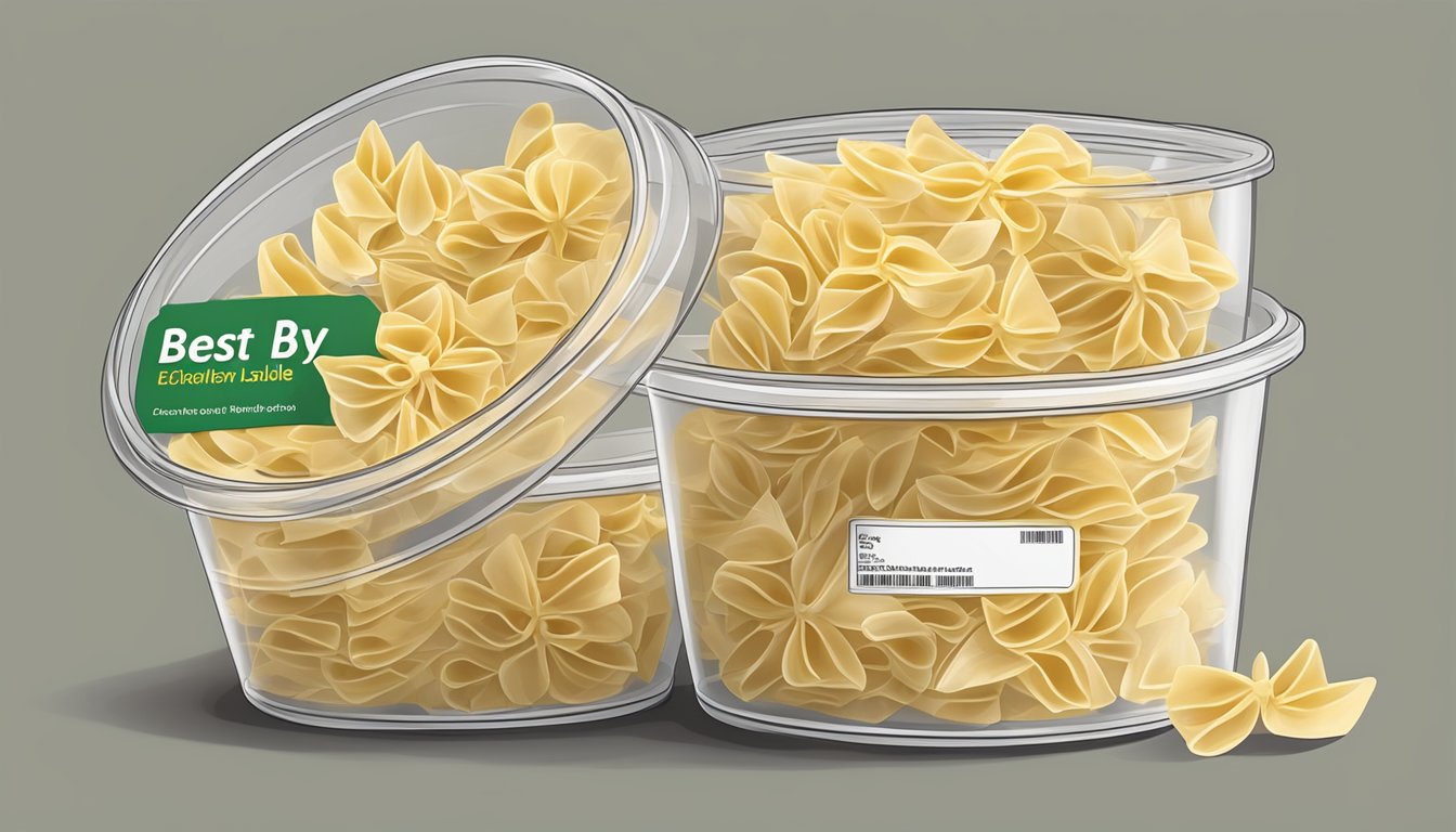 Uncooked farfalle pasta stored in a sealed container with a best-by date label