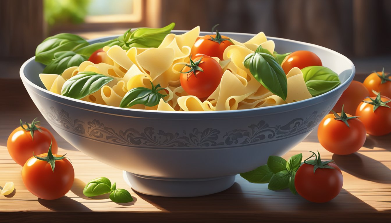 A bowl of farfalle pasta sits on a rustic wooden table, surrounded by fresh ingredients like tomatoes, basil, and garlic. Sunlight streams in through a nearby window, casting a warm glow over the scene