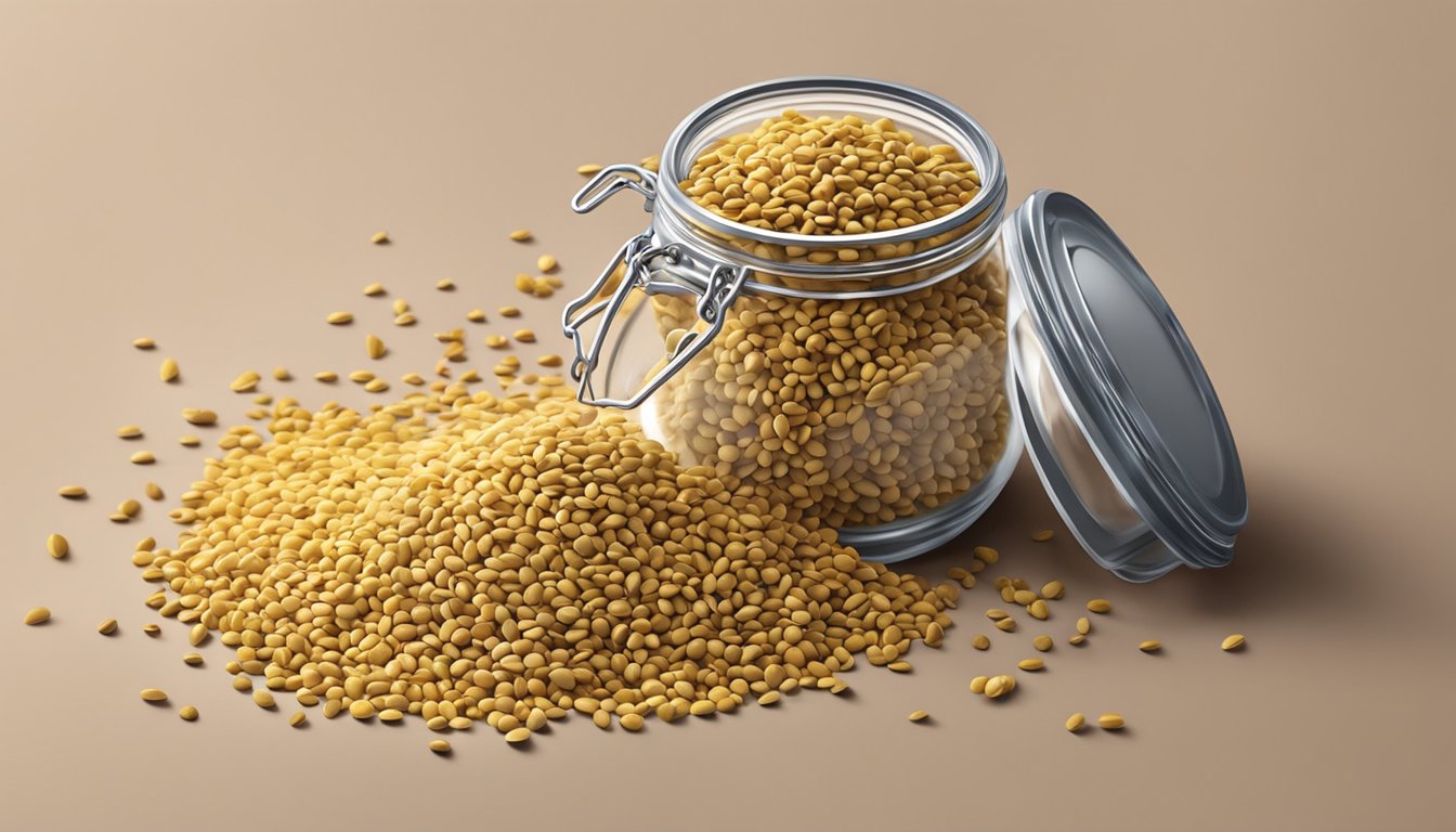 A small pile of fenugreek seeds spilling out of an open jar onto a kitchen countertop, with a few seeds scattered around