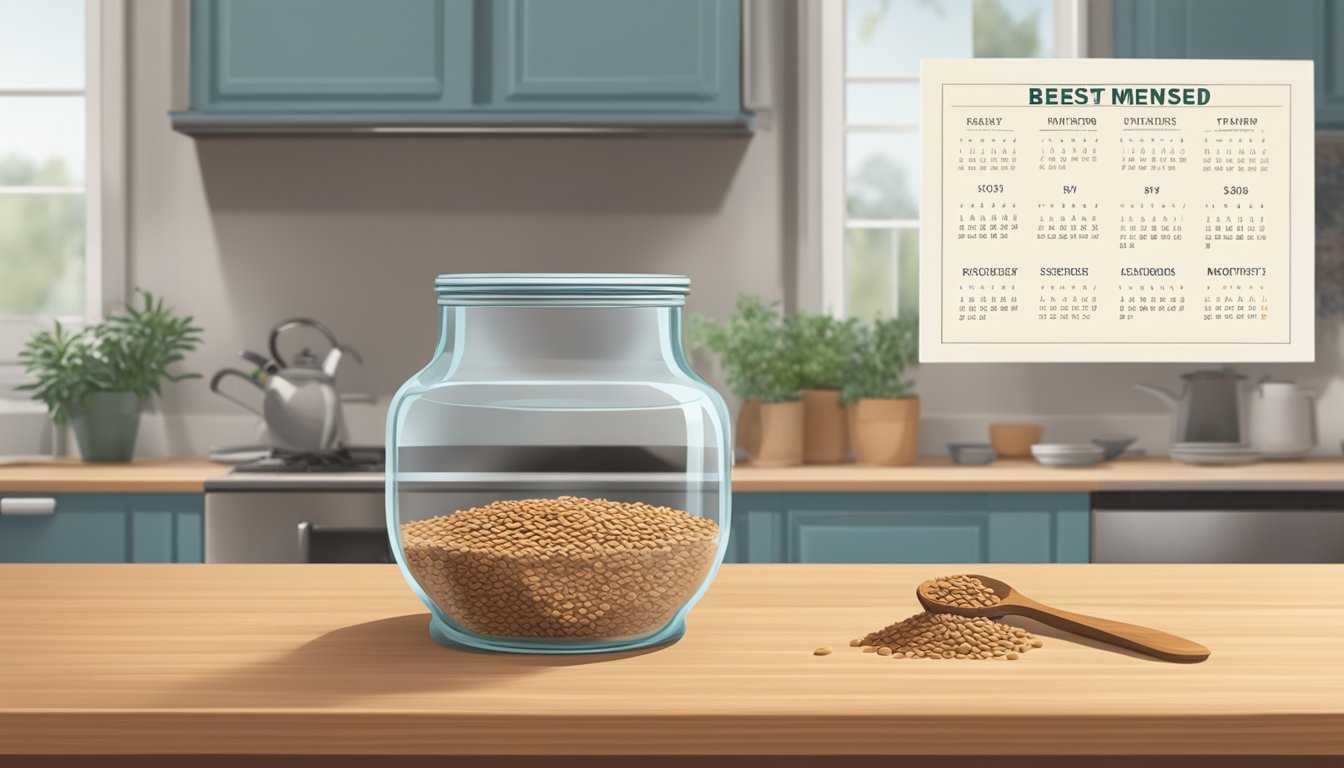 A glass jar filled with flaxseeds sits on a kitchen counter, next to a calendar showing the current date and a "best by" date several months in the future