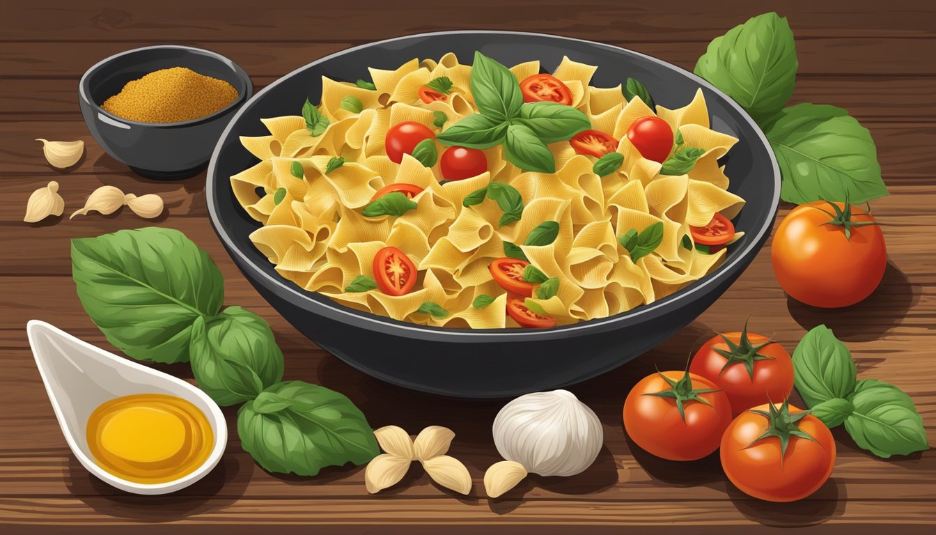 A bowl of farfalle pasta sits on a rustic wooden table, surrounded by ingredients from different culinary cultures such as tomatoes, basil, soy sauce, and curry powder