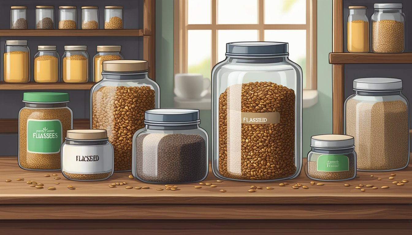 A glass jar filled with flaxseeds sits on a wooden shelf, surrounded by other jars of various sizes and shapes. The label on the jar reads "Flaxseeds."