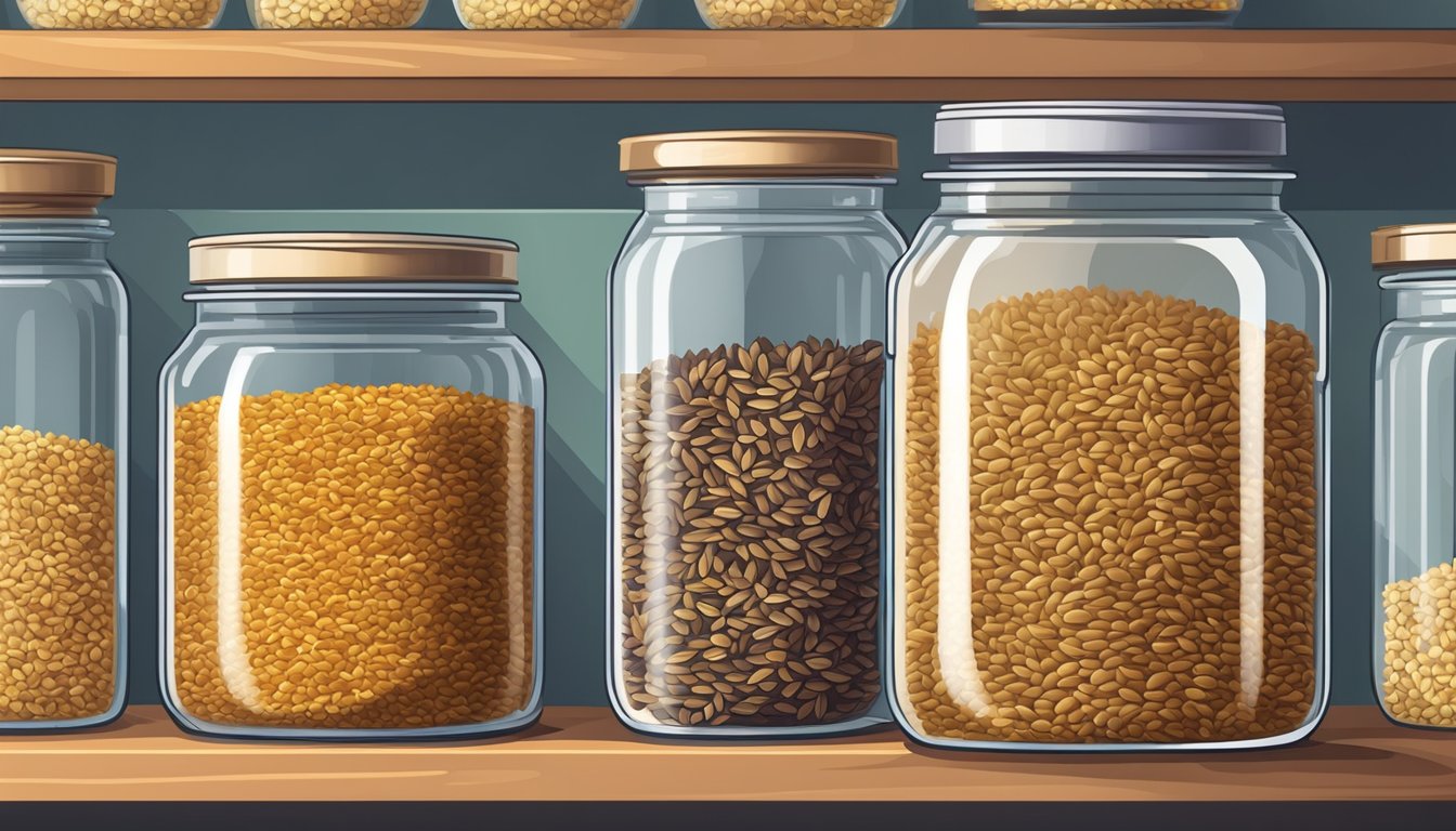 A sealed glass jar filled with flaxseeds on a pantry shelf, away from direct sunlight and heat sources