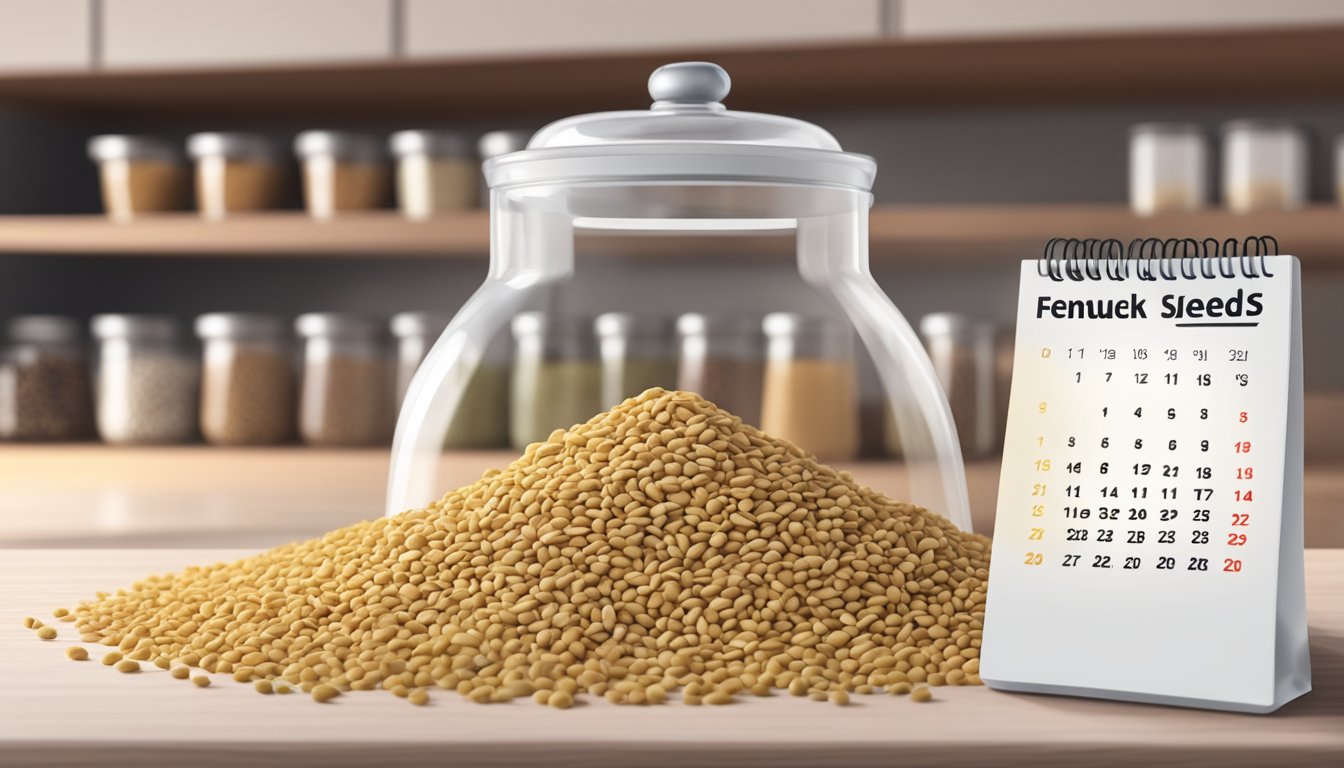 Fenugreek seeds in a tightly sealed container on a kitchen shelf, with a calendar showing the date of purchase and a faint aroma in the air