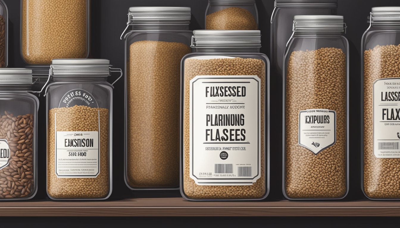 A sealed container of flaxseeds sits on a shelf in a cool, dark pantry. The expiration date is clearly visible on the label