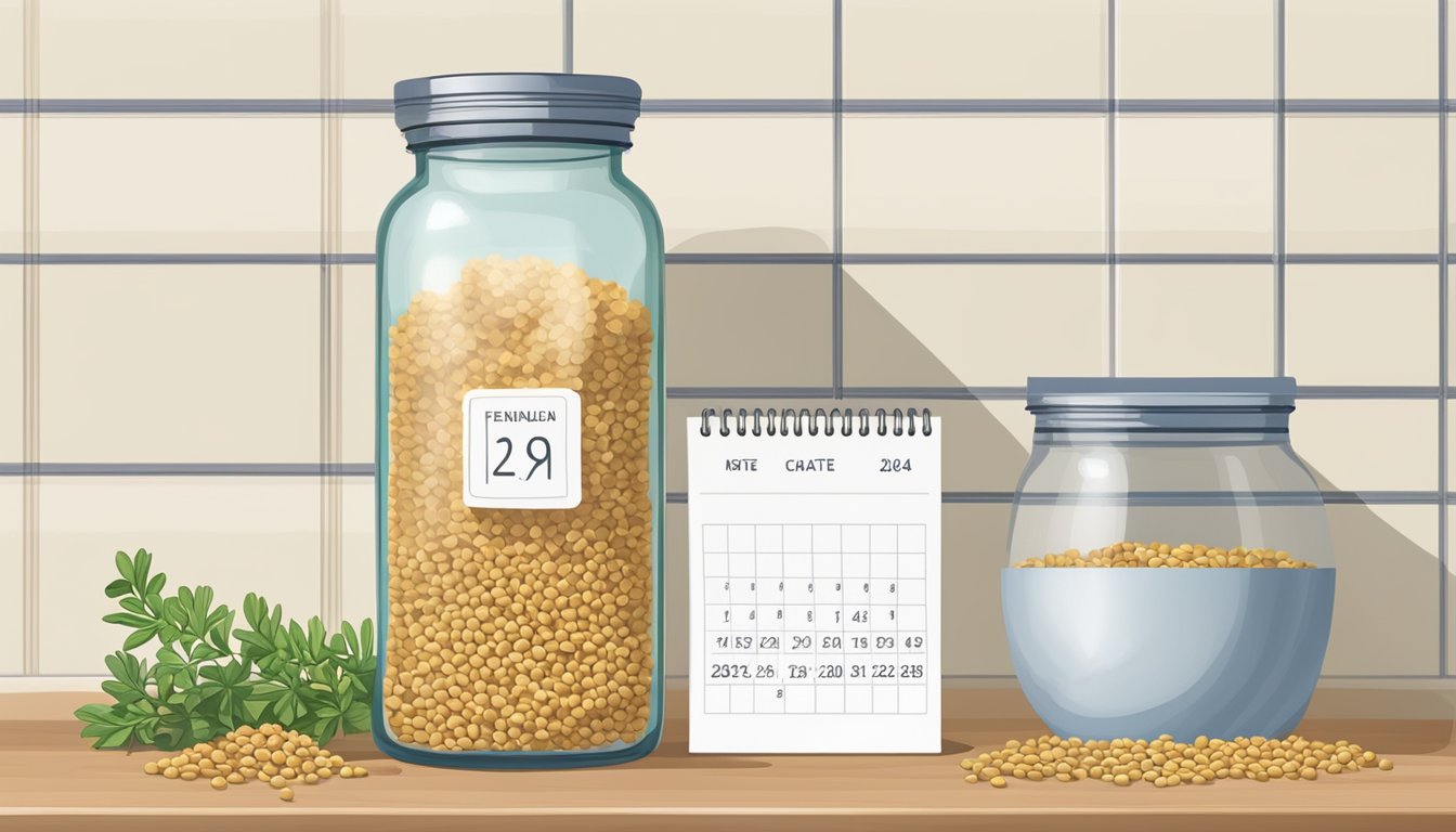 A jar of fenugreek seeds sits on a kitchen shelf, with a calendar nearby showing the current date and the date the seeds were purchased