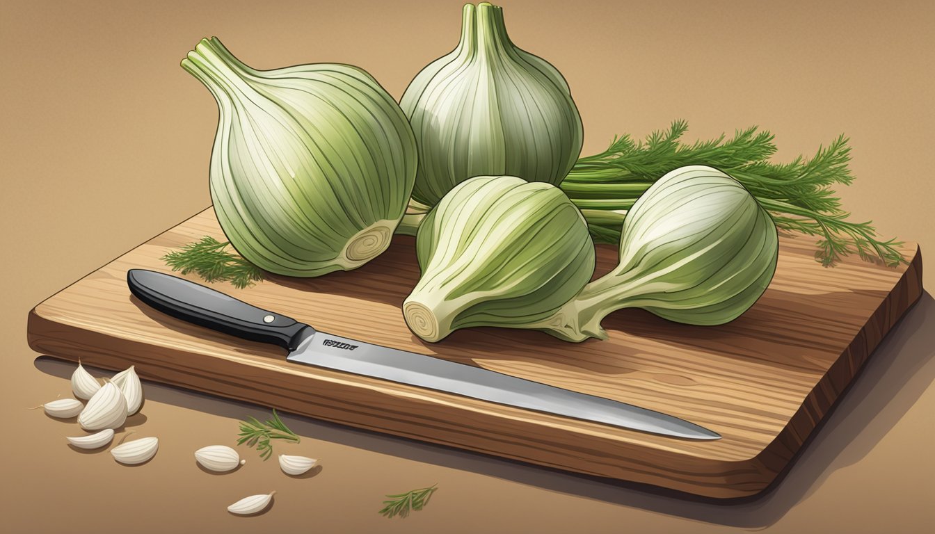 A fennel bulb sits on a wooden cutting board, surrounded by scattered fennel fronds and seeds. A knife rests nearby, ready to slice the bulb