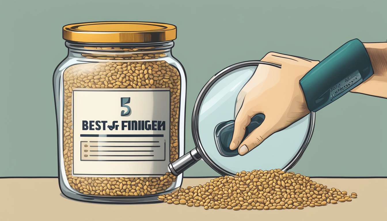 A hand reaching for a jar of fenugreek seeds with a "best by" date on the label, while a magnifying glass examines the quality