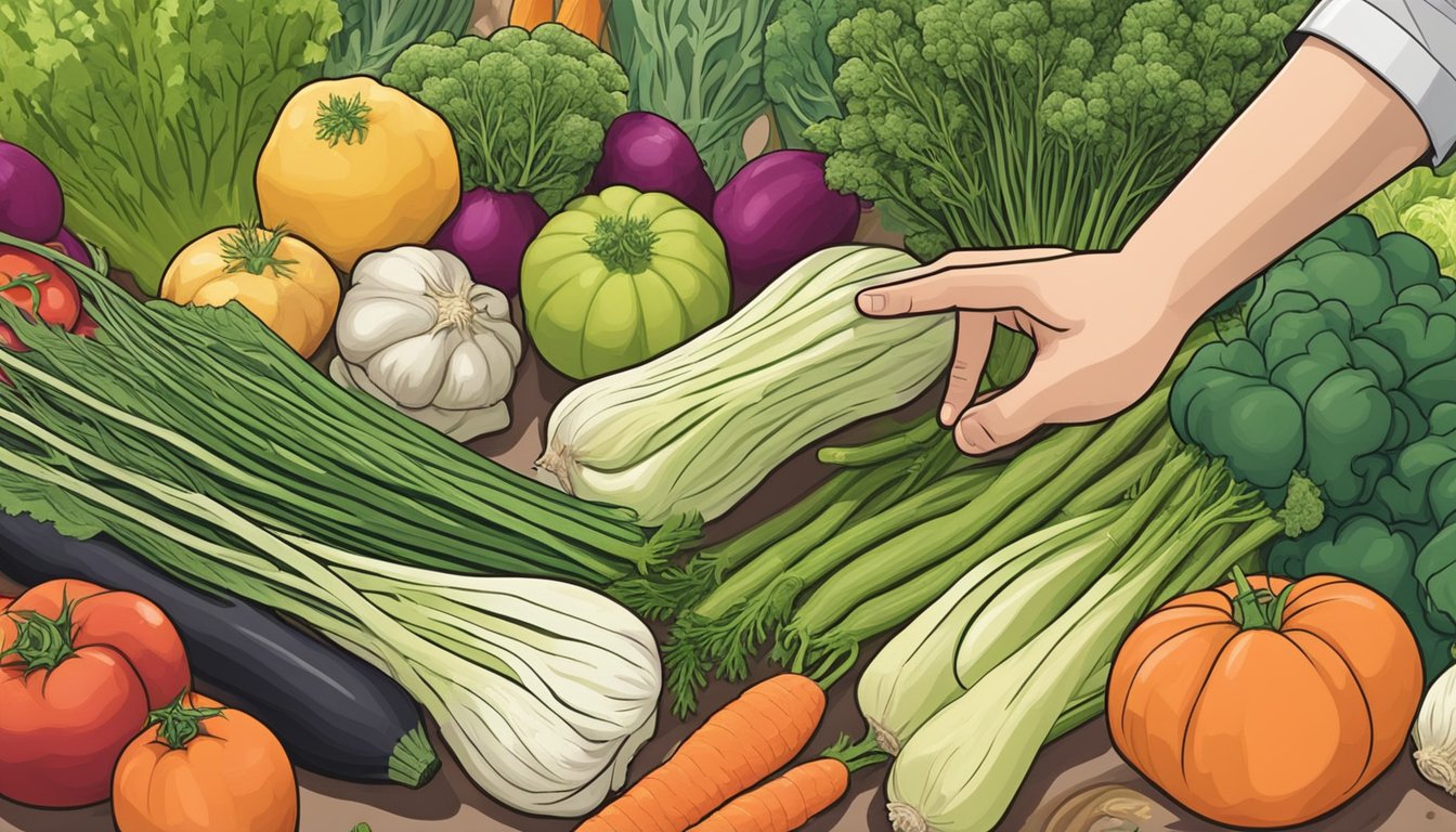 A hand reaching for fresh fennel at a grocery store, surrounded by other vegetables and produce