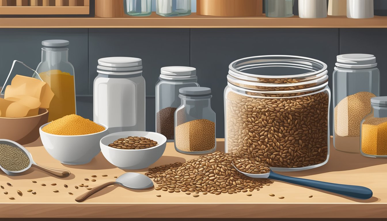 A jar of flaxseeds sits on a kitchen counter, surrounded by various ingredients and cooking utensils. The seeds are spilling out of the open jar, suggesting frequent use