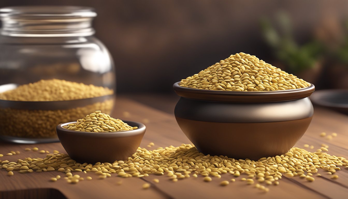 A small pile of fenugreek seeds spilling out of a rustic, open jar onto a wooden countertop