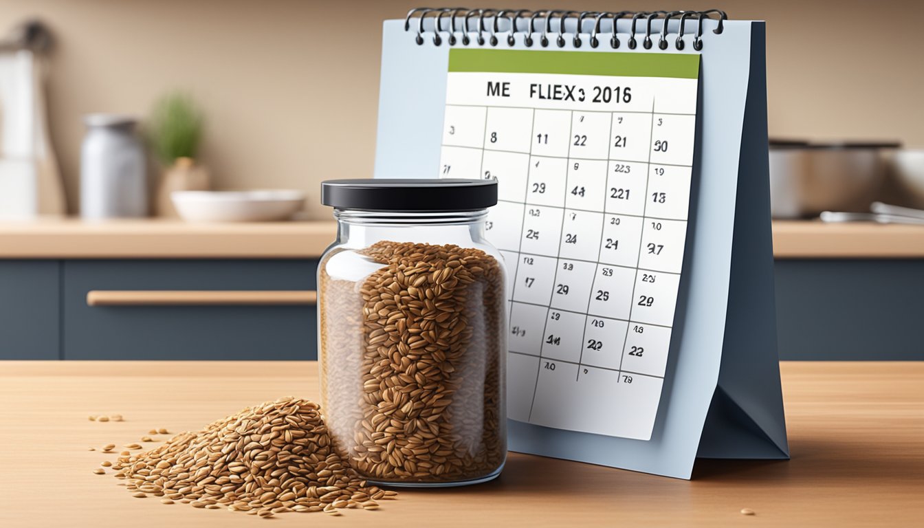 A glass jar filled with flaxseeds sits on a kitchen countertop, next to a calendar showing the current date and a small bag of flaxseeds