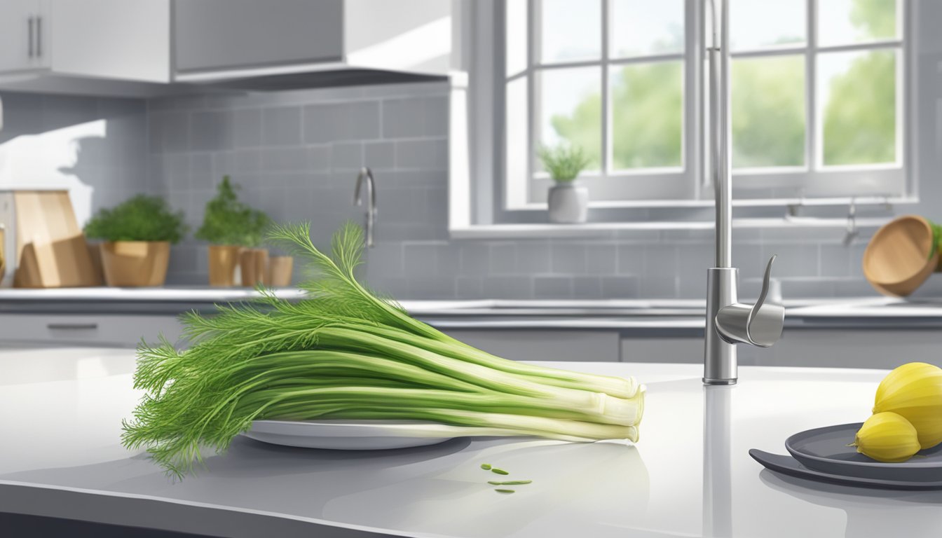 A fennel bulb sits on a clean, white kitchen counter next to a bowl of water. The bulb is firm, with bright green fronds and no signs of wilting