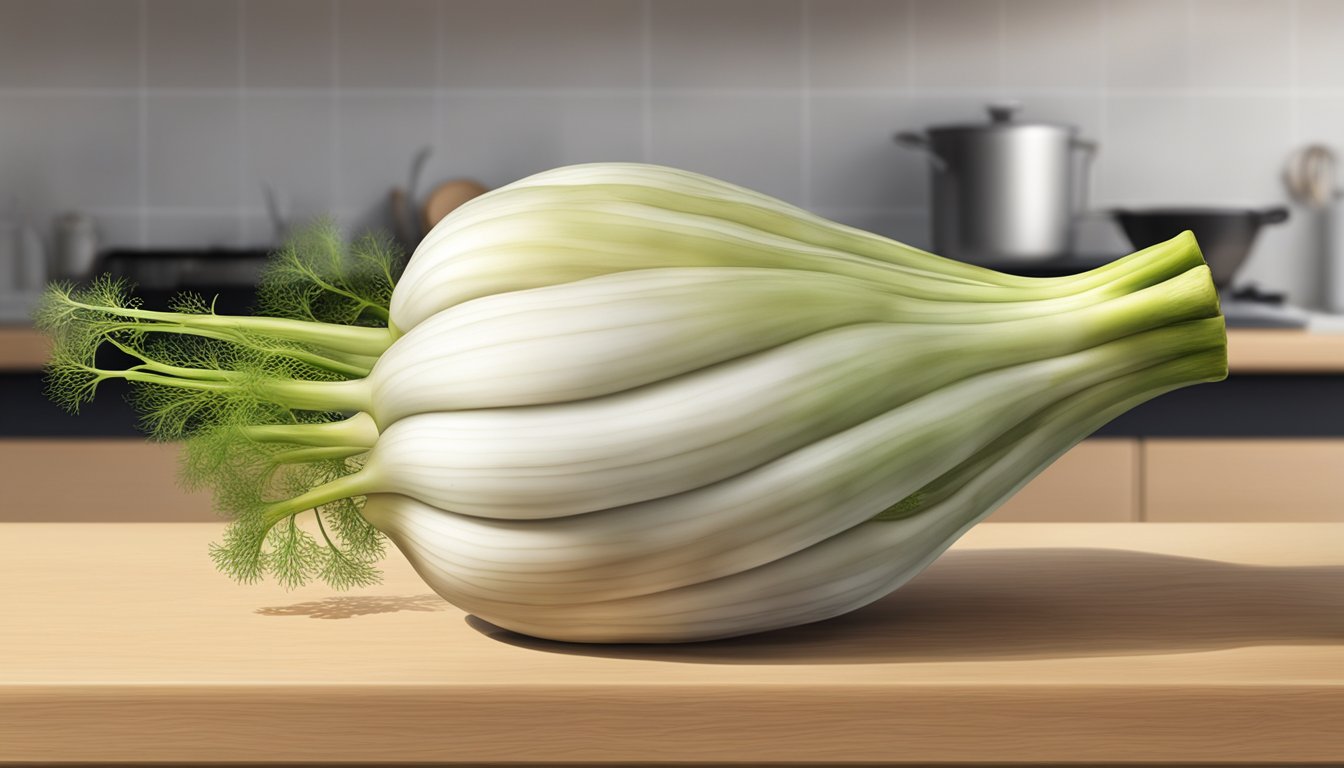 A fennel bulb sits on a kitchen counter, showing signs of spoilage with wilting, yellowing fronds and soft, discolored spots on the bulb