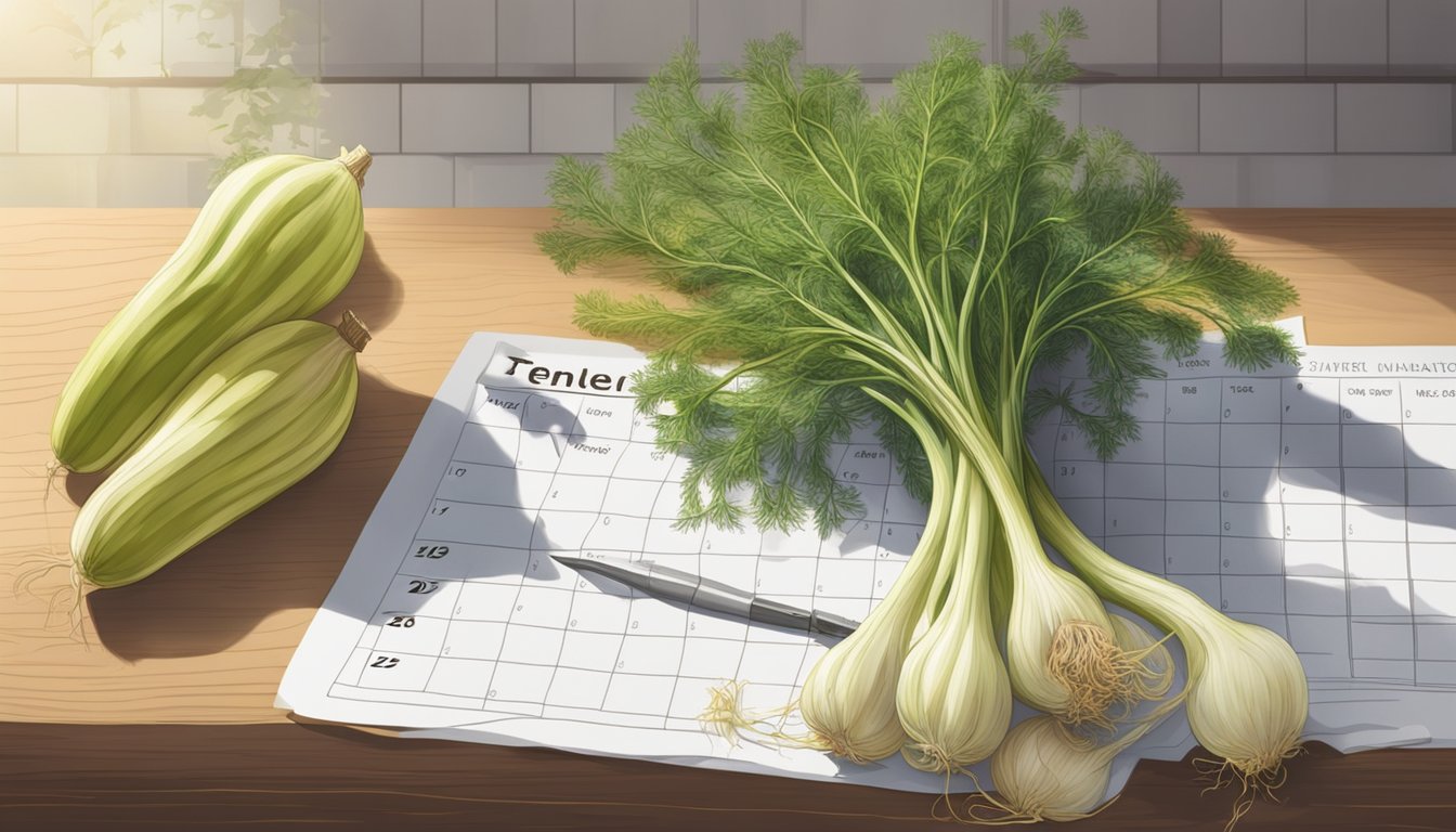 A fennel bulb with wilted fronds sits on a kitchen counter next to a calendar showing the current date crossed out. A pile of rotting vegetables is nearby