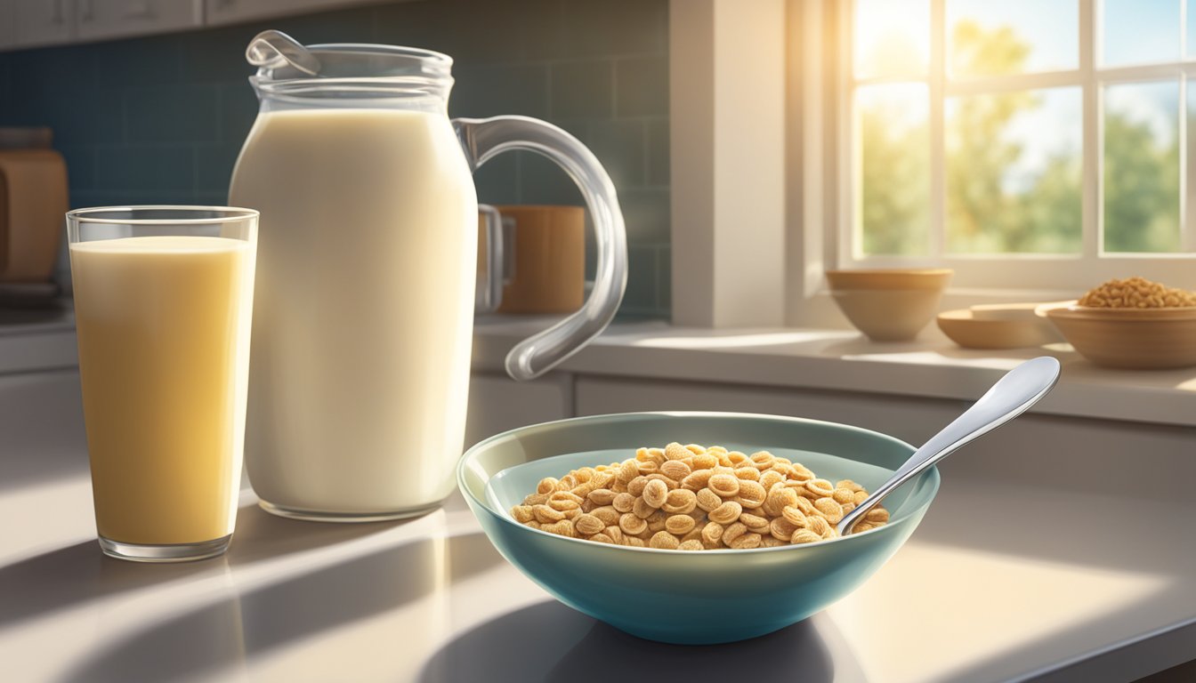 A bowl of Fiber One cereal sits on a kitchen counter, surrounded by a glass of milk and a spoon. Sunlight streams in through a nearby window