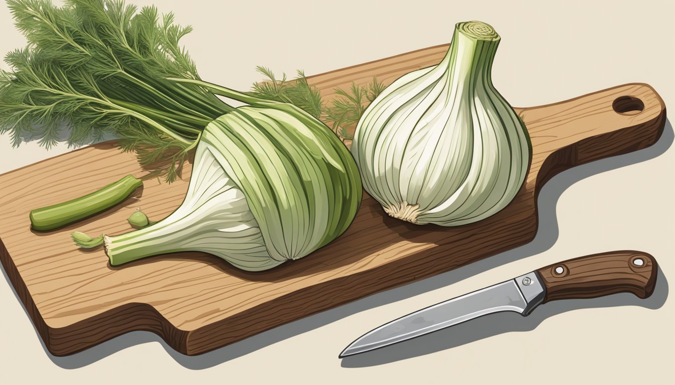 A whole fennel bulb sits on a wooden cutting board, surrounded by scattered fennel fronds and a knife