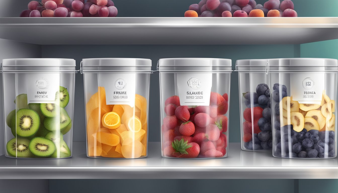 A variety of freeze-dried fruits stored in airtight packaging, with a clear expiration date, on a pantry shelf