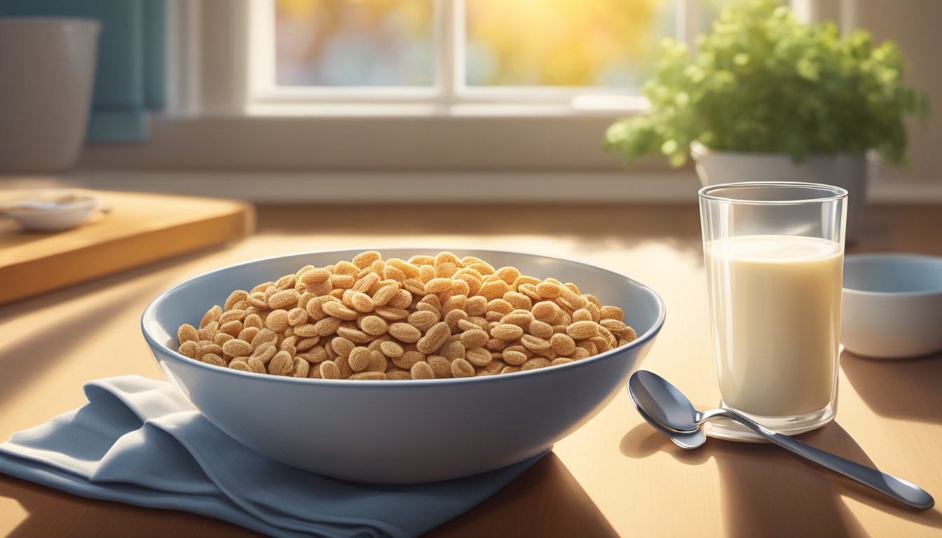 A bowl of Fiber One cereal sits on a kitchen table, surrounded by a glass of milk and a spoon. The morning sunlight streams in through the window, casting a warm glow on the scene