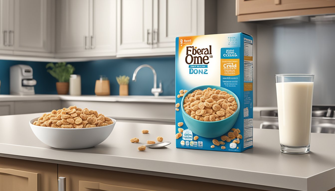 A bowl of Fiber One cereal sits next to a glass of milk on a kitchen counter. The cereal box is open, showing the nutritional information panel