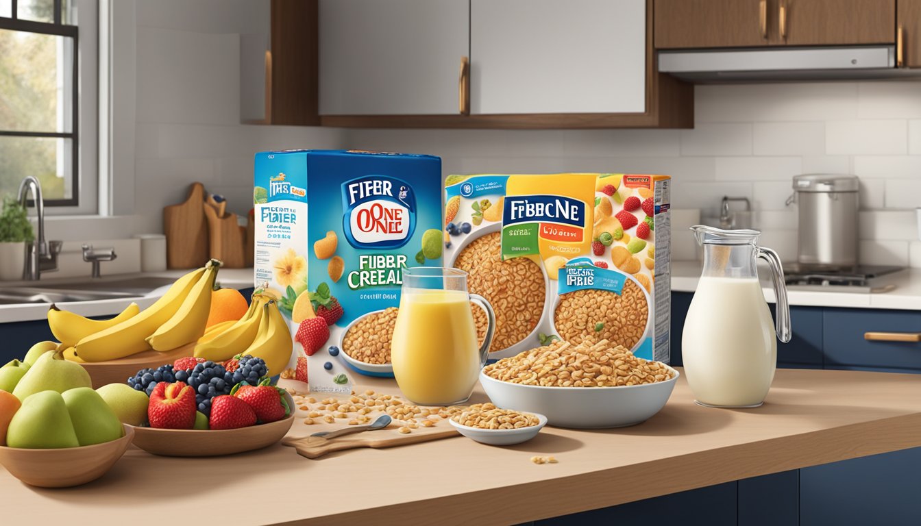 A box of Fiber One cereal sits unopened on a kitchen counter, surrounded by a variety of fresh fruits and a jug of milk