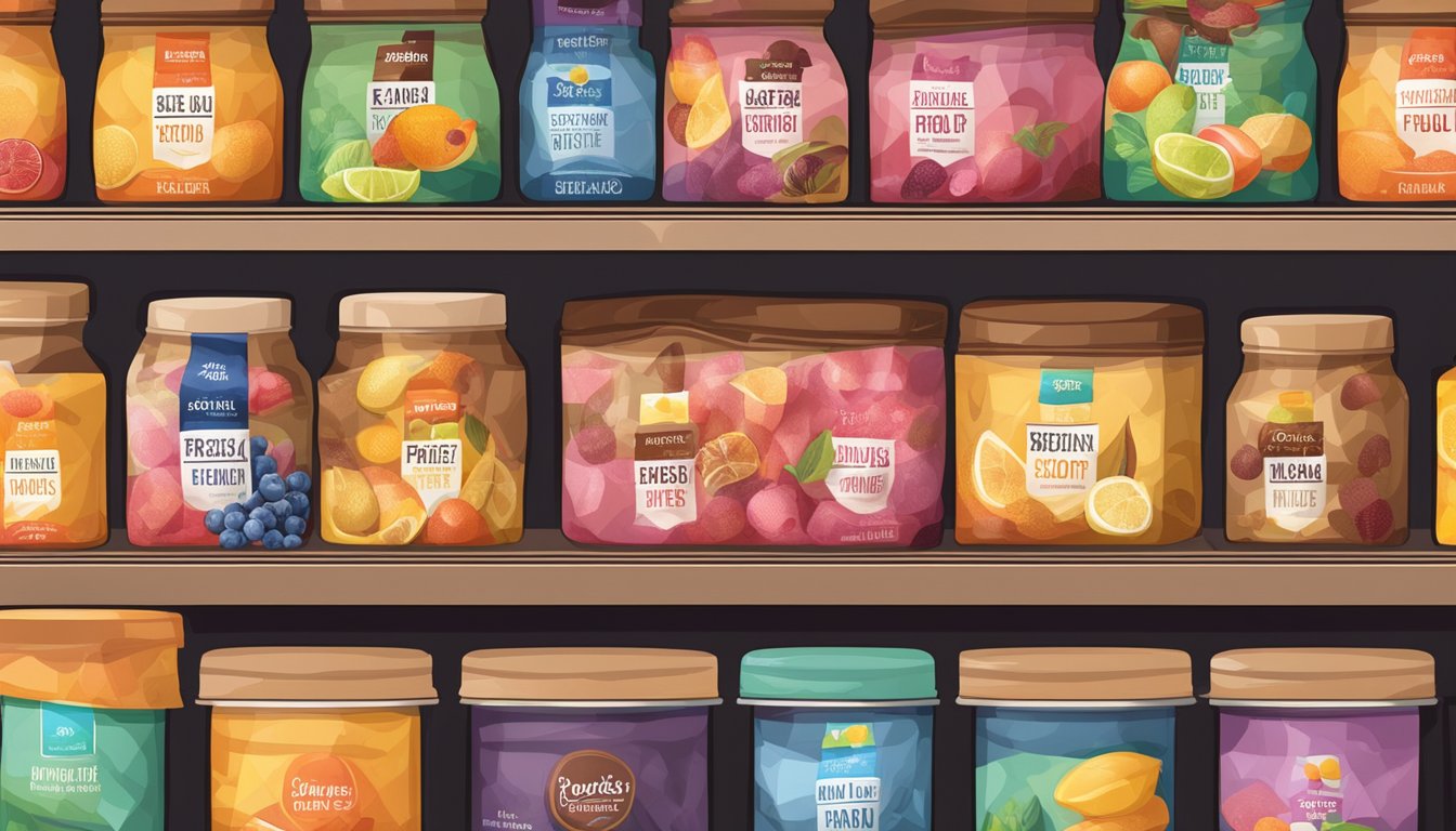 A shelf with various freeze-dried fruits in sealed, colorful packaging. Some packages have expiration dates printed on them