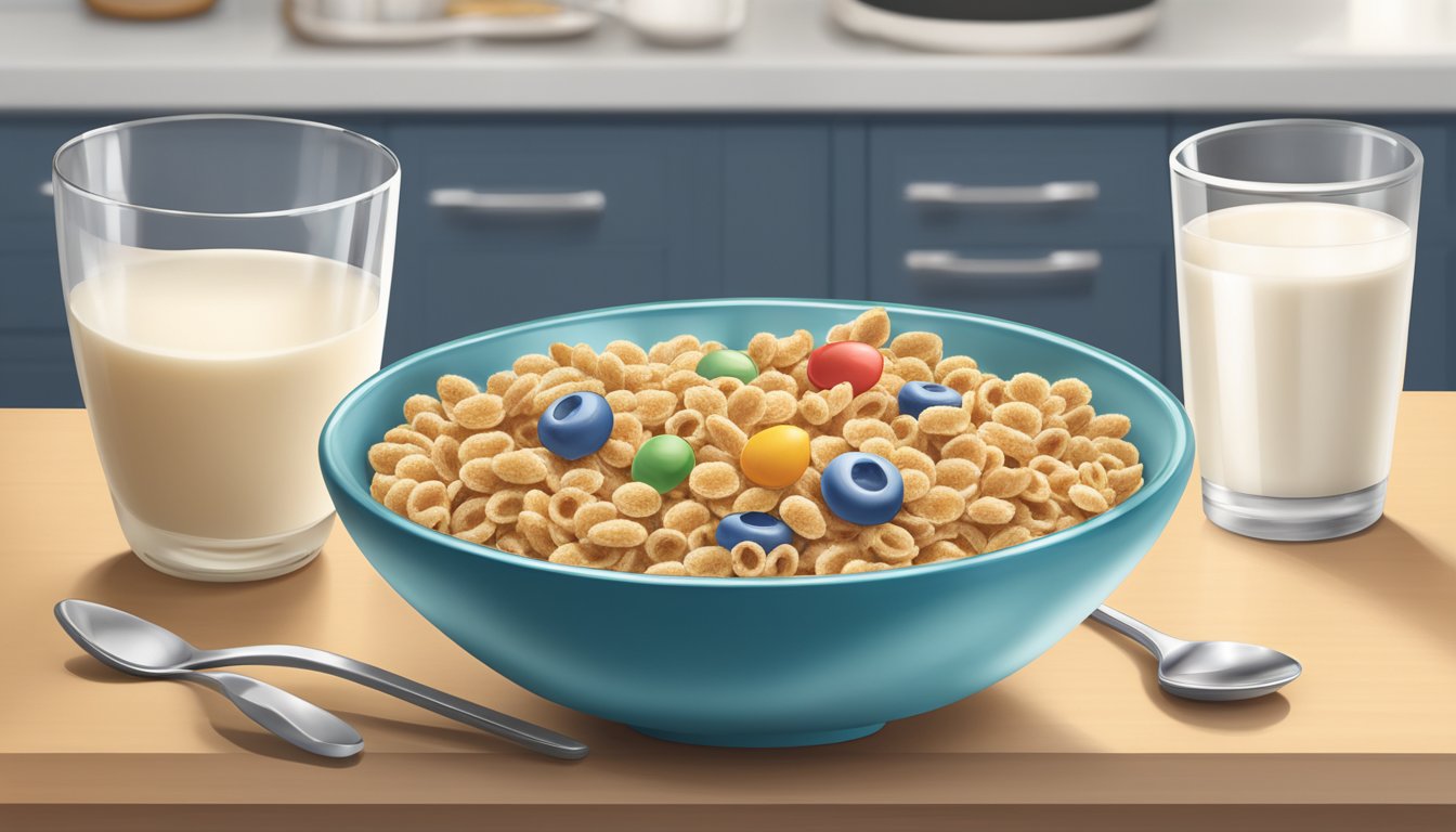 A bowl of Fiber One cereal sits on a kitchen counter next to a glass of milk and a spoon