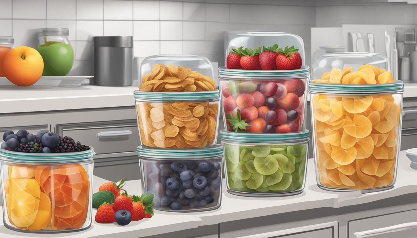 A colorful assortment of freeze-dried fruit sits in a clear, airtight container on a kitchen counter, surrounded by other pantry staples