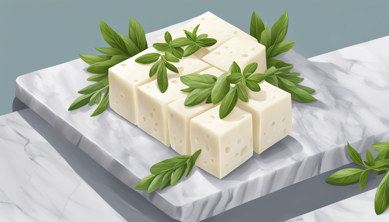 A block of feta cheese sits on a marble cutting board, surrounded by fresh herbs and olives. A calendar on the wall indicates the current date