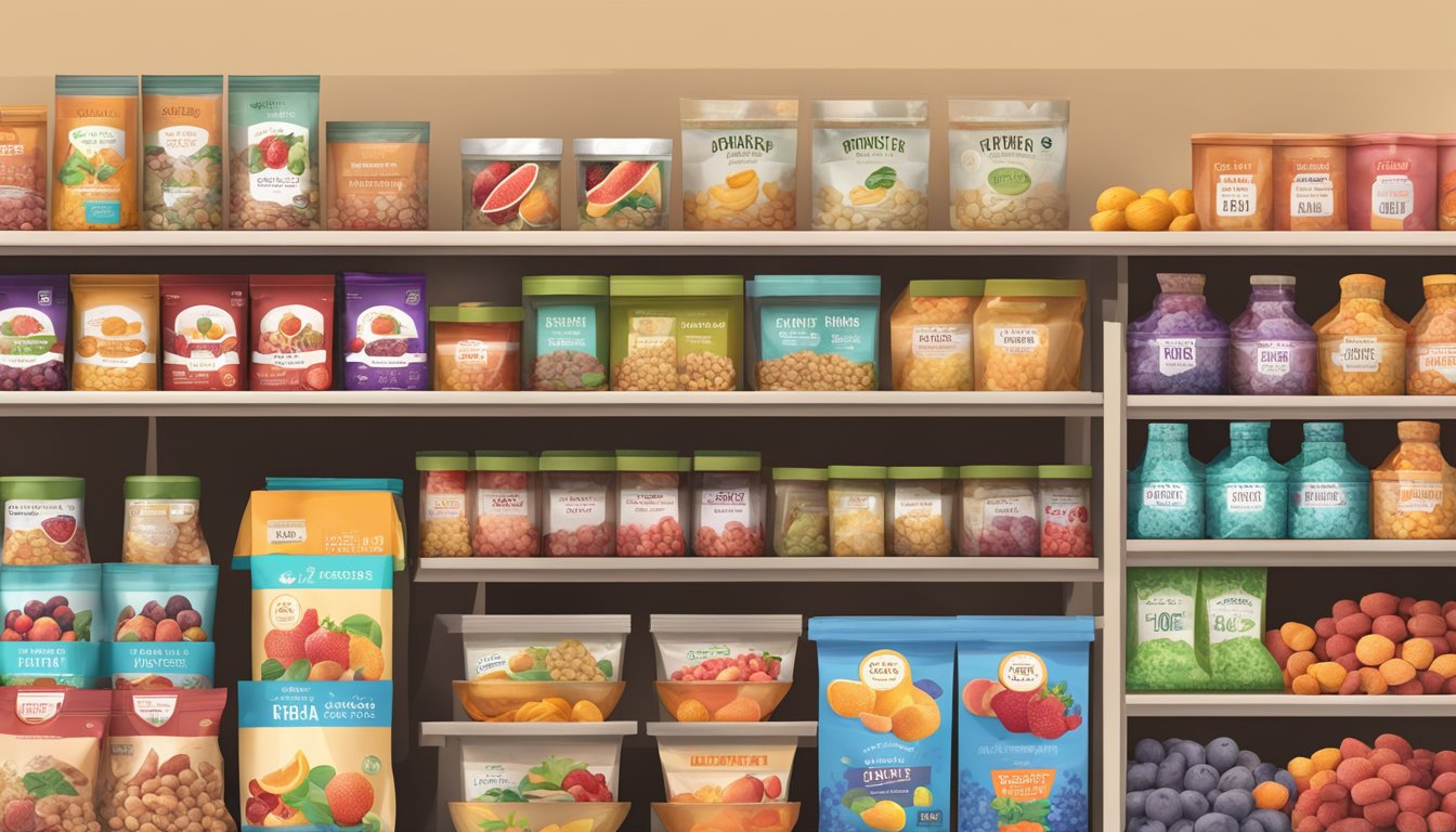 A shelf lined with various packages of freeze-dried fruit, some open and spilling out, with expiration dates clearly labeled