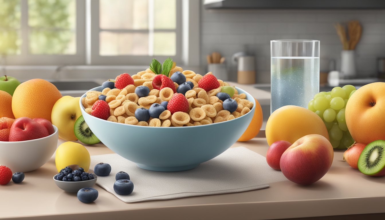 A bowl of Fiber One cereal sits on a kitchen counter, surrounded by a variety of fruits and a glass of water