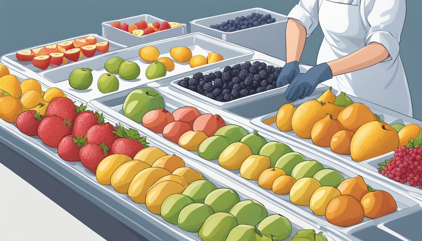 Fresh fruit being carefully selected and washed. Then, the fruit is sliced and arranged on trays for freeze-drying