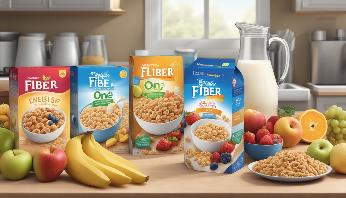 A box of Fiber One cereal sits on a kitchen counter, surrounded by a variety of fresh fruits and a jug of milk