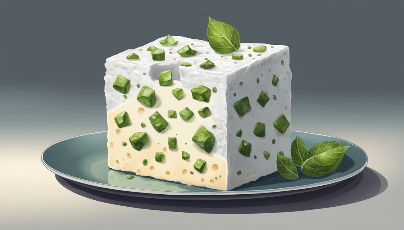 A block of feta cheese sits on a plate, surrounded by moldy spots and emitting a strong, unpleasant odor