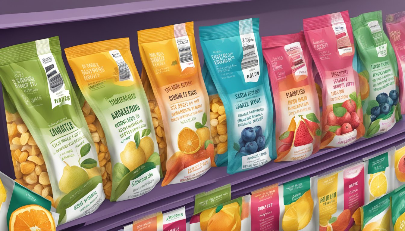 A shelf of freeze-dried fruit packets with varying expiration dates