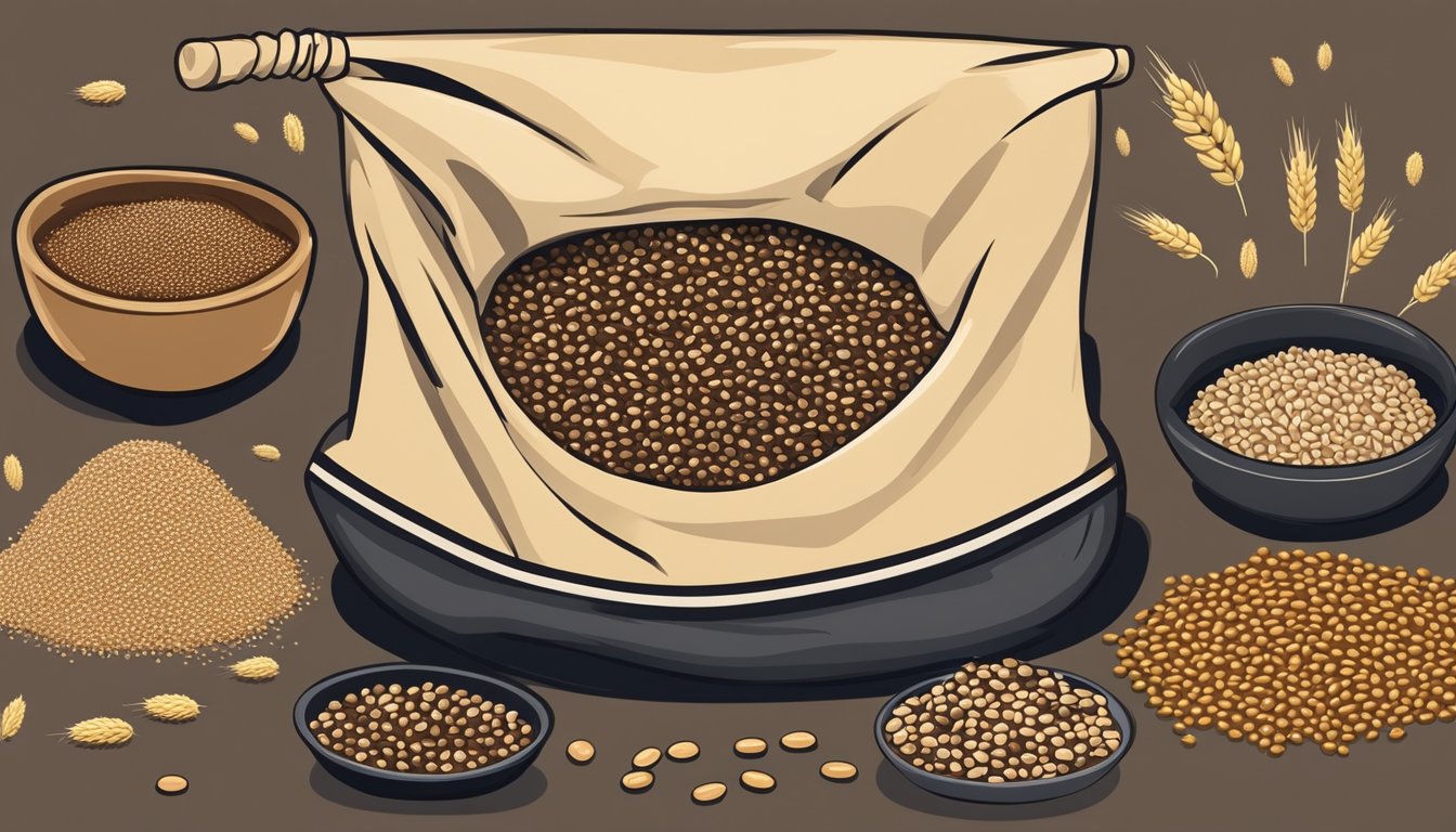 A bag of finger millet sits on a shelf, surrounded by other grains and cereals. The millet grains are small and dark brown, with a slightly rough texture