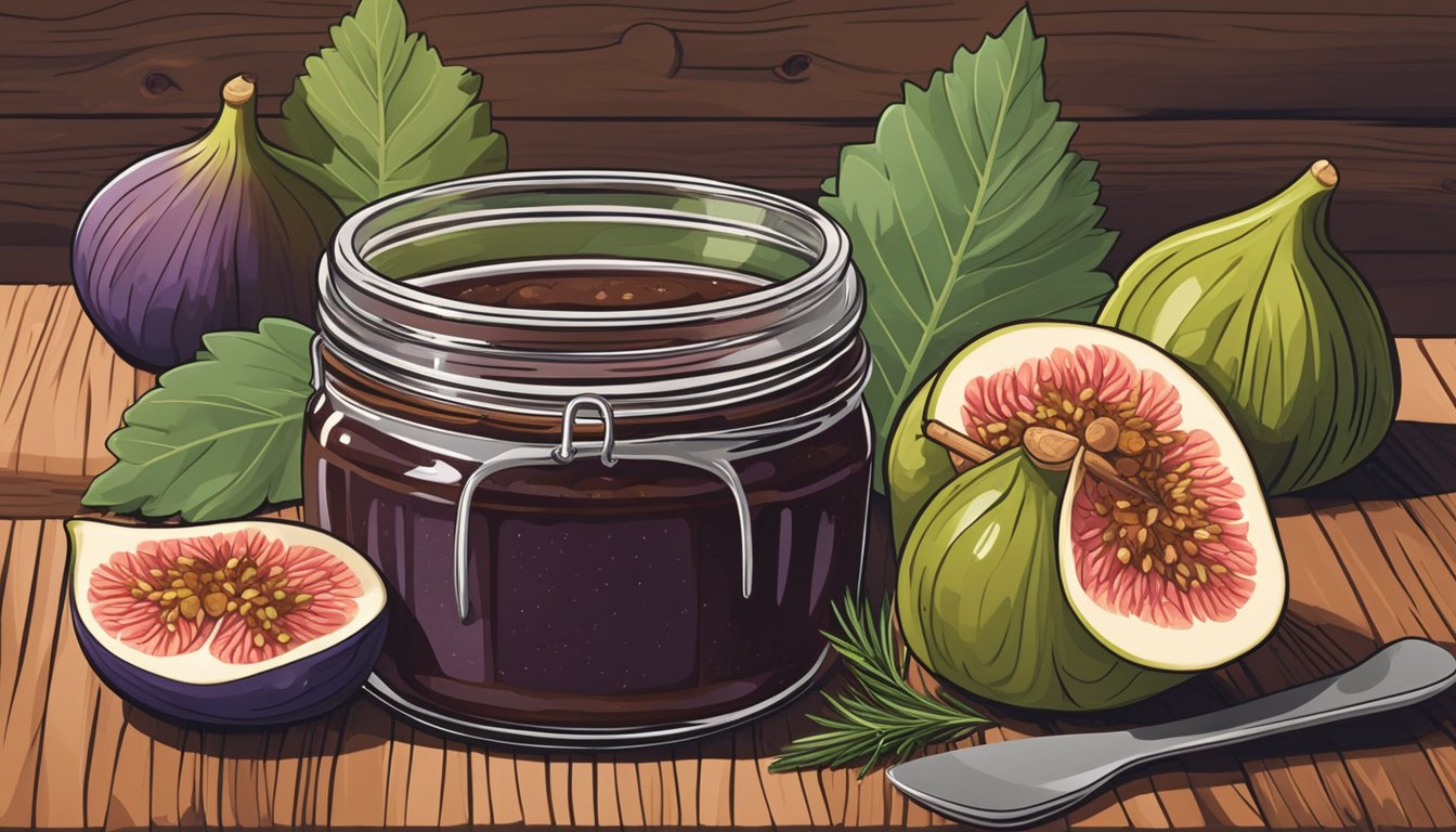 A jar of fig jam sits on a rustic wooden table, surrounded by fresh figs, cinnamon sticks, and a sprig of rosemary