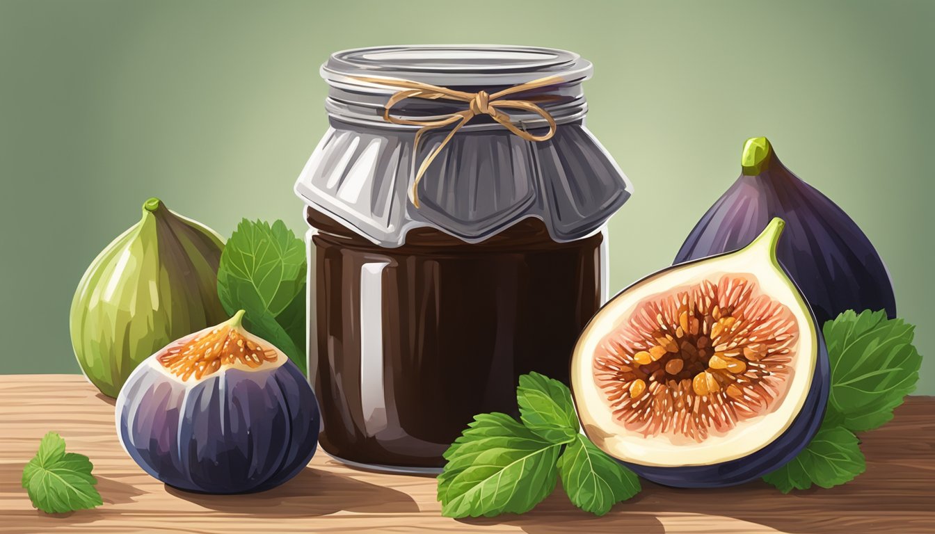 A jar of fig jam sits on a rustic wooden table, surrounded by fresh figs, a sprig of mint, and a slice of bread